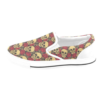 Skull And Roses Print Design LKS302 White Slip Ons Canvas Women's Shoes