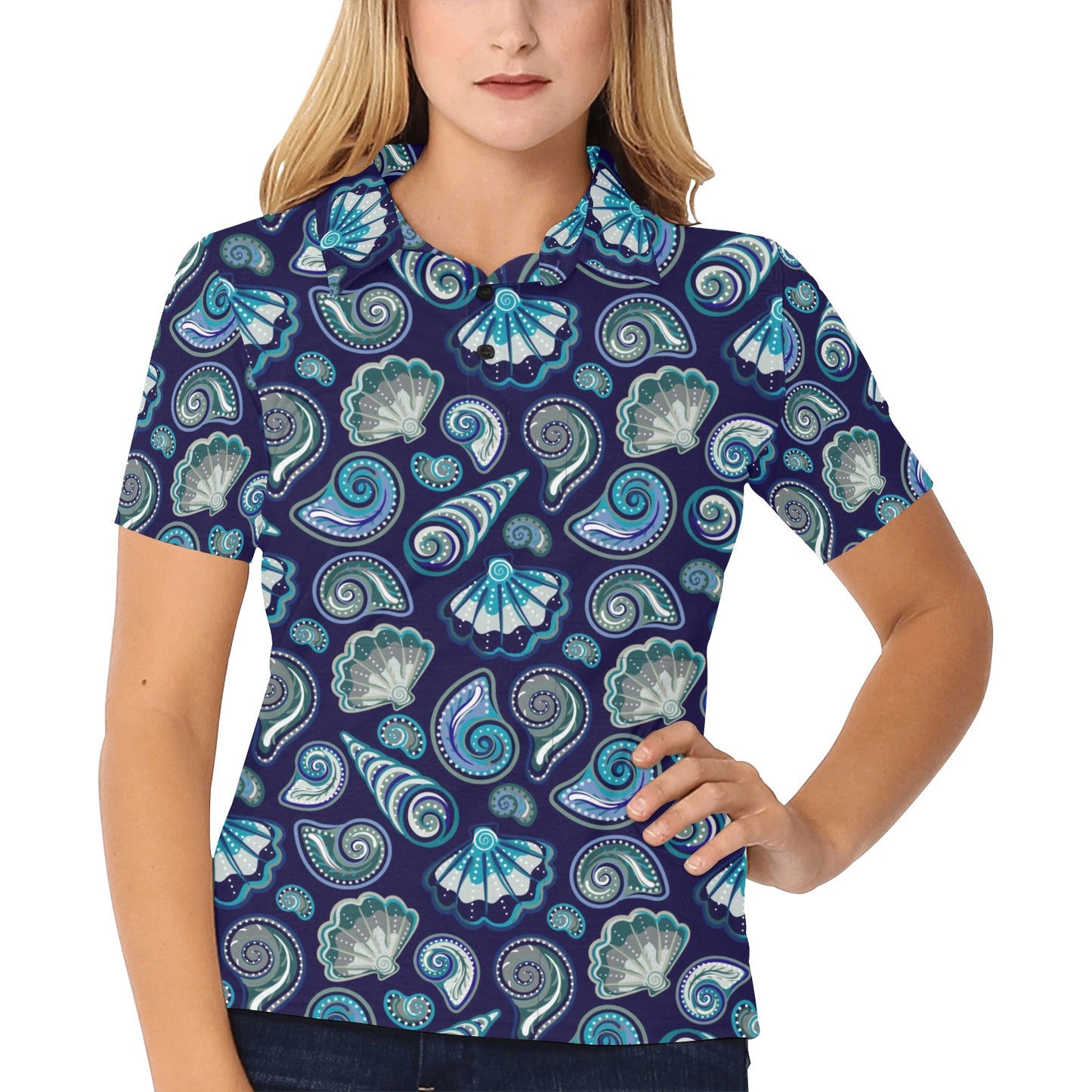 Beach Seashell Blue Print Women's Polo Shirt