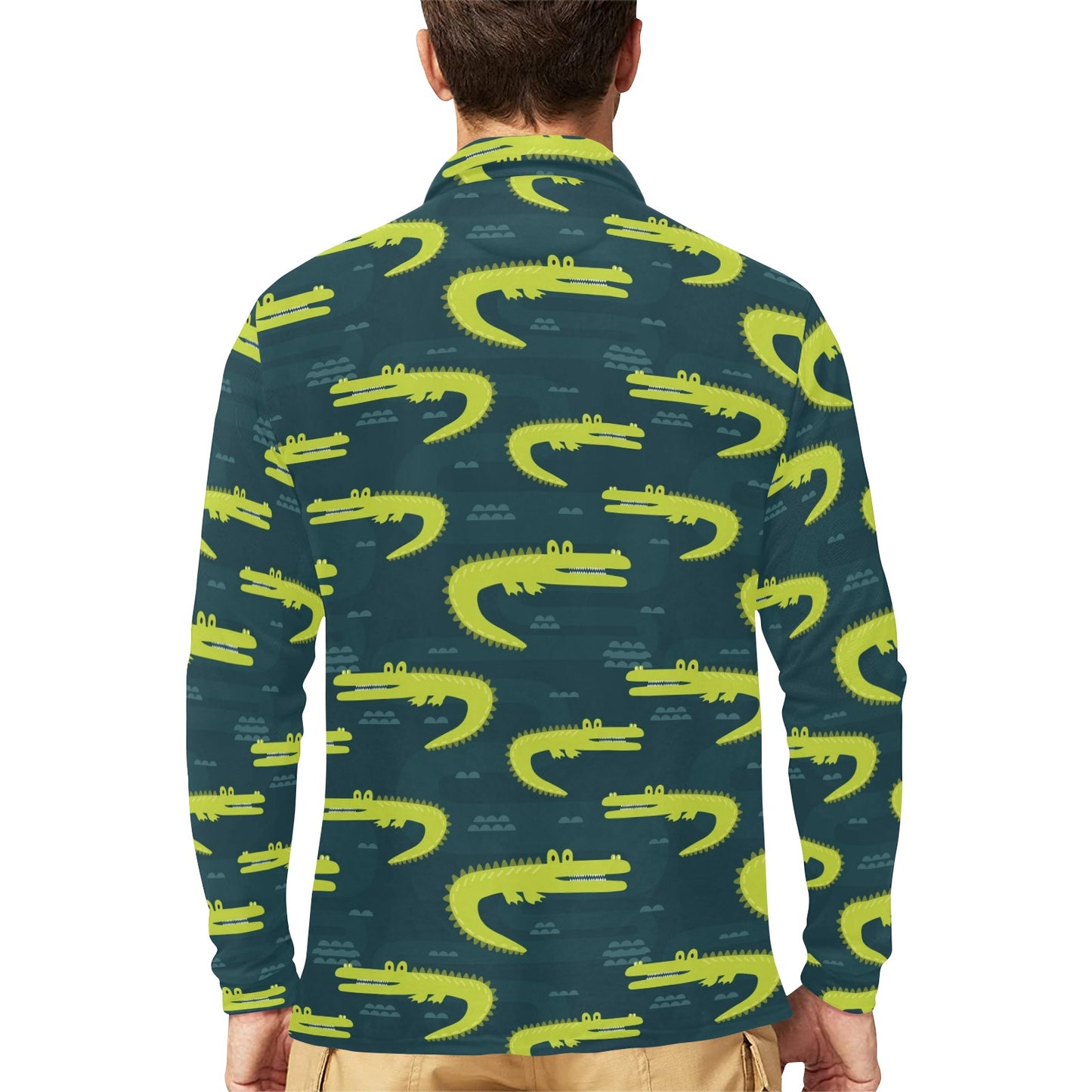 Alligator Pattern Print Design 03 Long Sleeve Polo Shirt For Men's