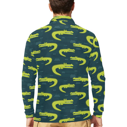 Alligator Pattern Print Design 03 Long Sleeve Polo Shirt For Men's