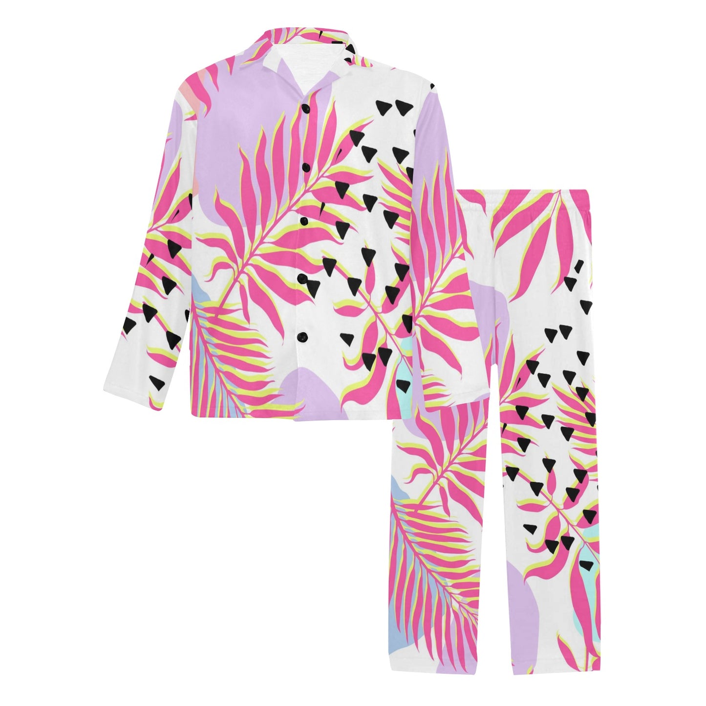 Pink Tropical Palm Leaves Men's Long Pajama Set