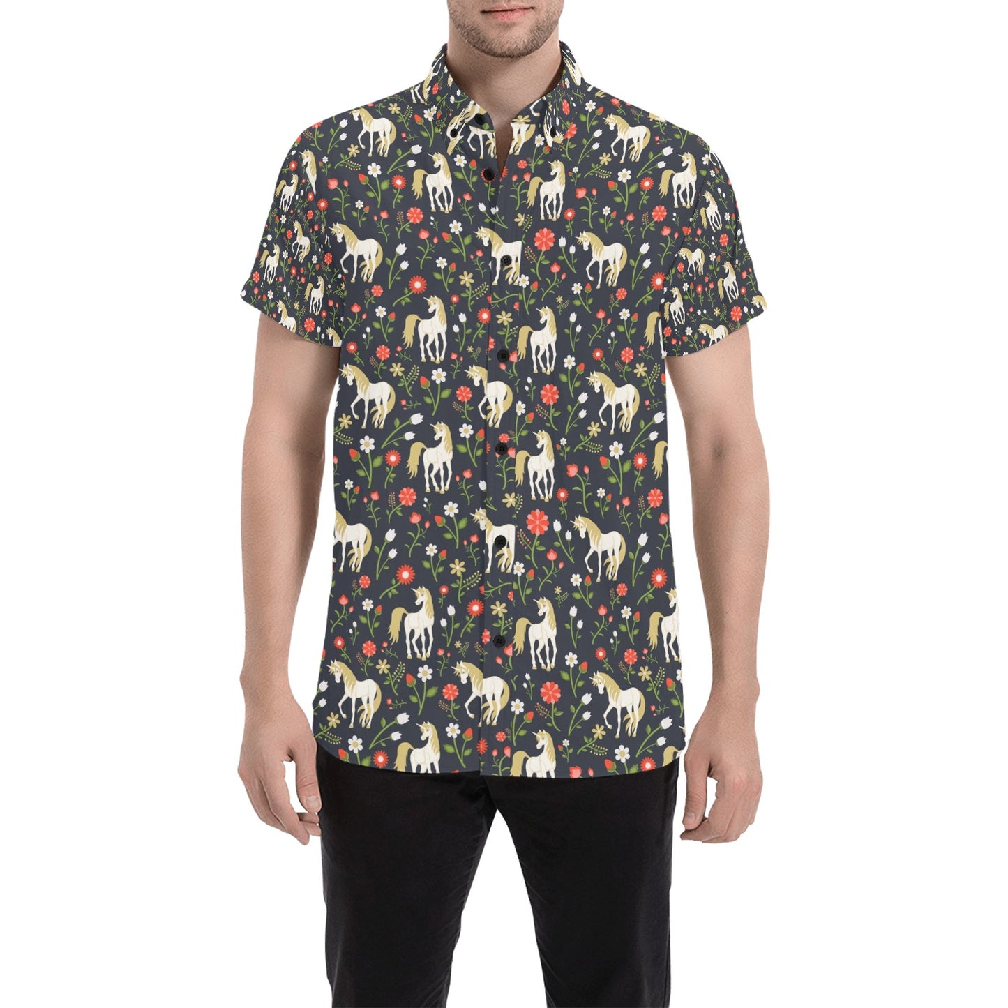 Unicorn Print Design LKS301 Men Short Sleeve Button Up Shirt