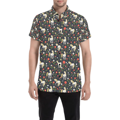 Unicorn Print Design LKS301 Men Short Sleeve Button Up Shirt