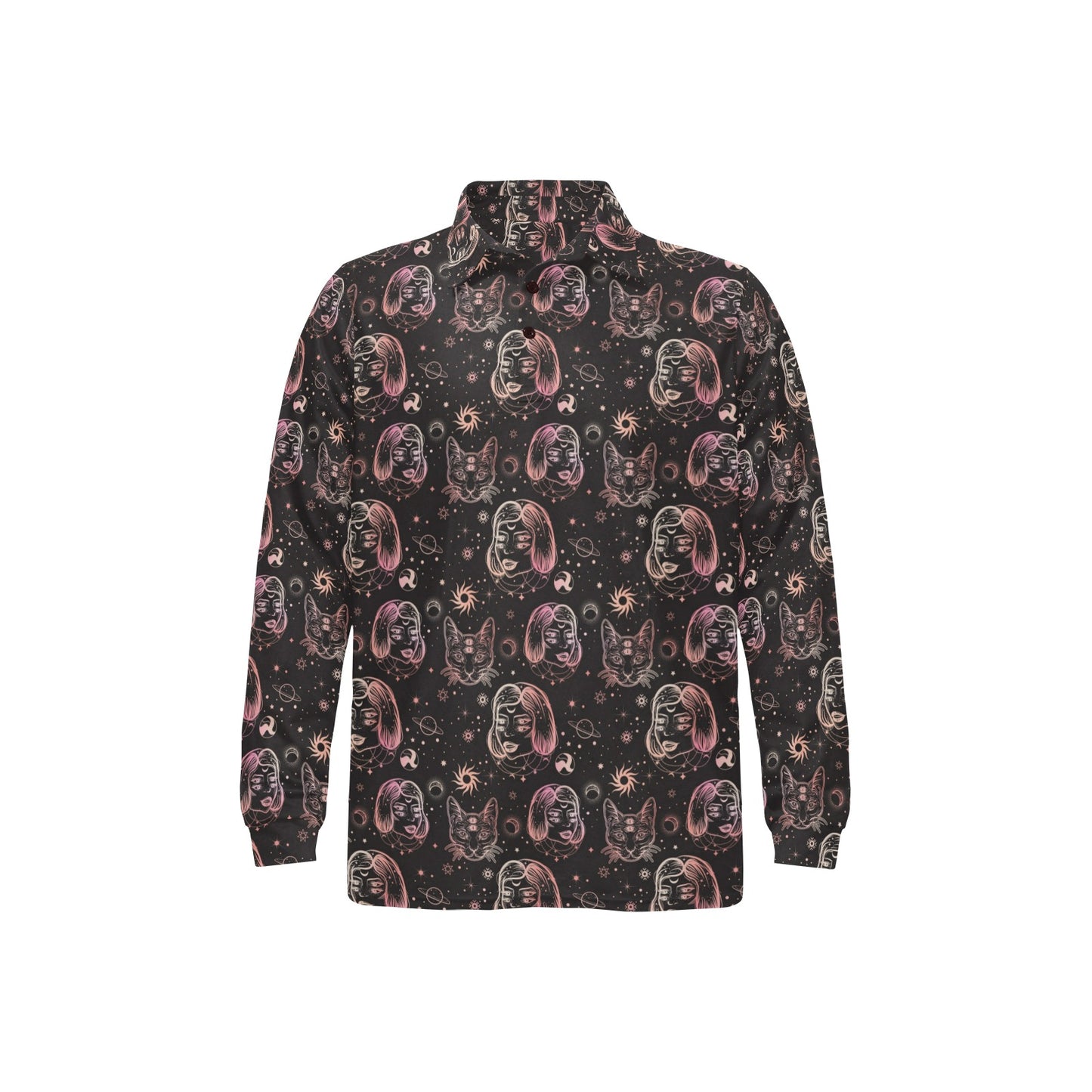 Third Eye Girl Cat Print Design LKS305 Long Sleeve Polo Shirt For Men's