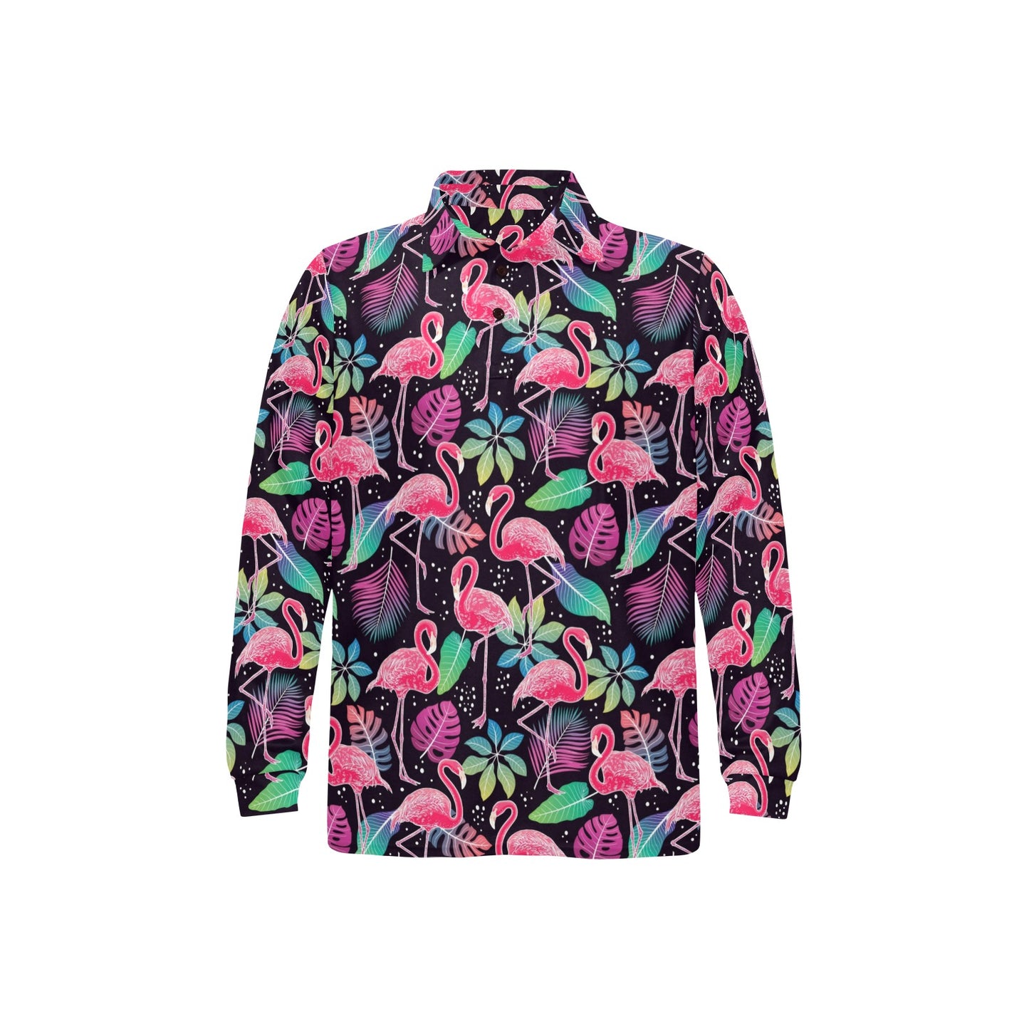 Flamingo Tropical leaves Neon Print Long Sleeve Polo Shirt For Men's