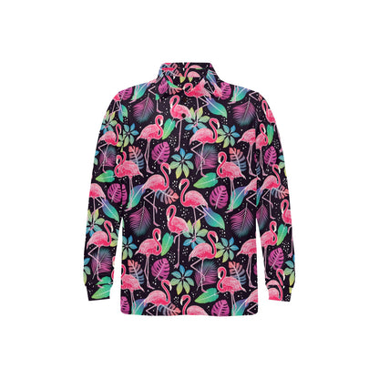 Flamingo Tropical leaves Neon Print Long Sleeve Polo Shirt For Men's