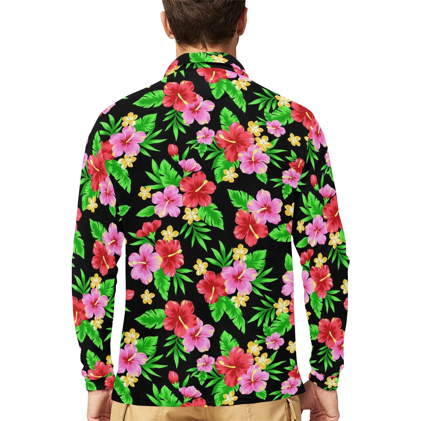 Pink Red Hibiscus Pattern Print Design HB023 Long Sleeve Polo Shirt For Men's