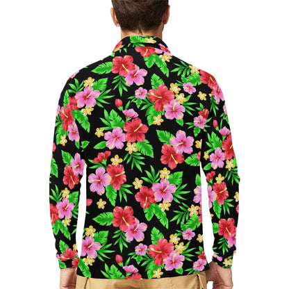 Pink Red Hibiscus Pattern Print Design HB023 Long Sleeve Polo Shirt For Men's