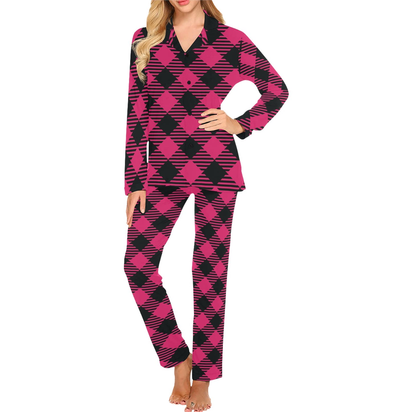 Buffalo check Pink Pattern Print Design 01 Women's Long Pajama Set