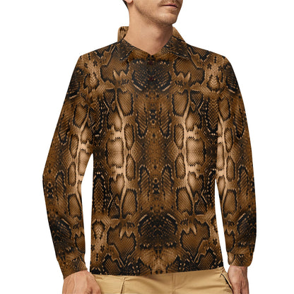 Snake Skin Brown Print Long Sleeve Polo Shirt For Men's