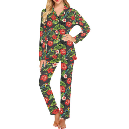 Hibiscus Red With Parrotprint Design LKS303 Women's Long Pajama Set