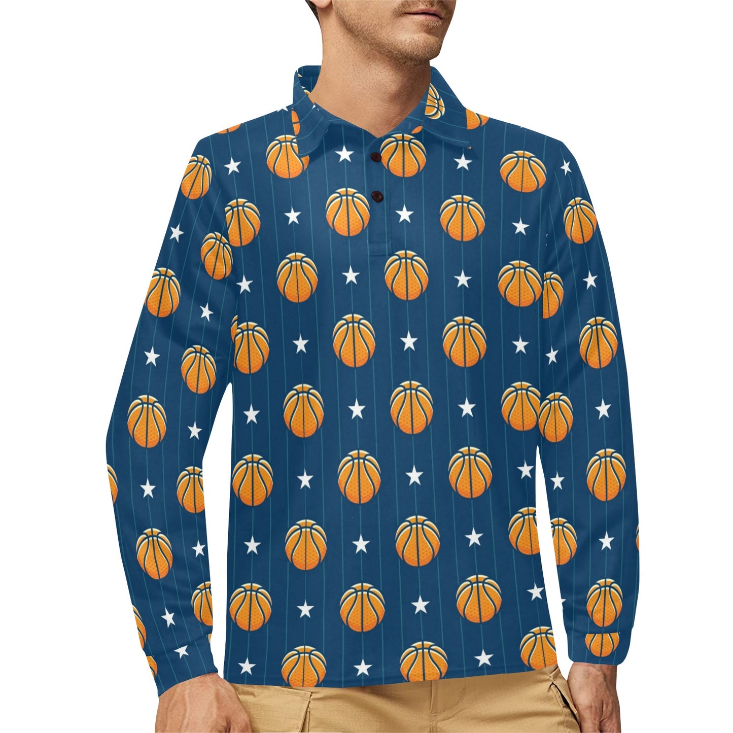 Basketball Star Print Pattern Long Sleeve Polo Shirt For Men's