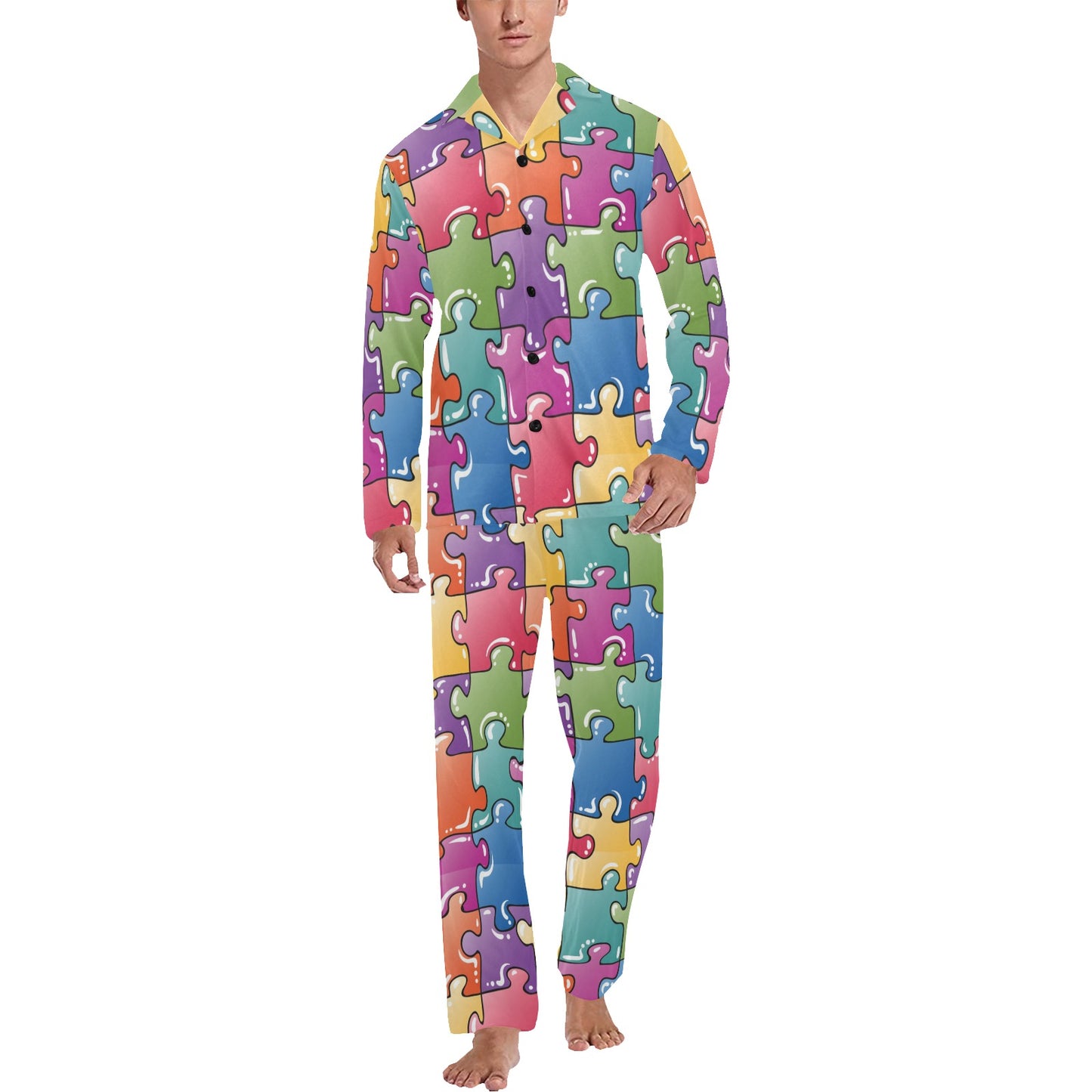 Puzzle Pattern Print Design A05 Men's Long Pajama Set