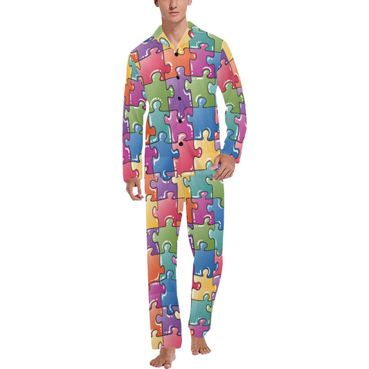 Puzzle Pattern Print Design A05 Men's Long Pajama Set