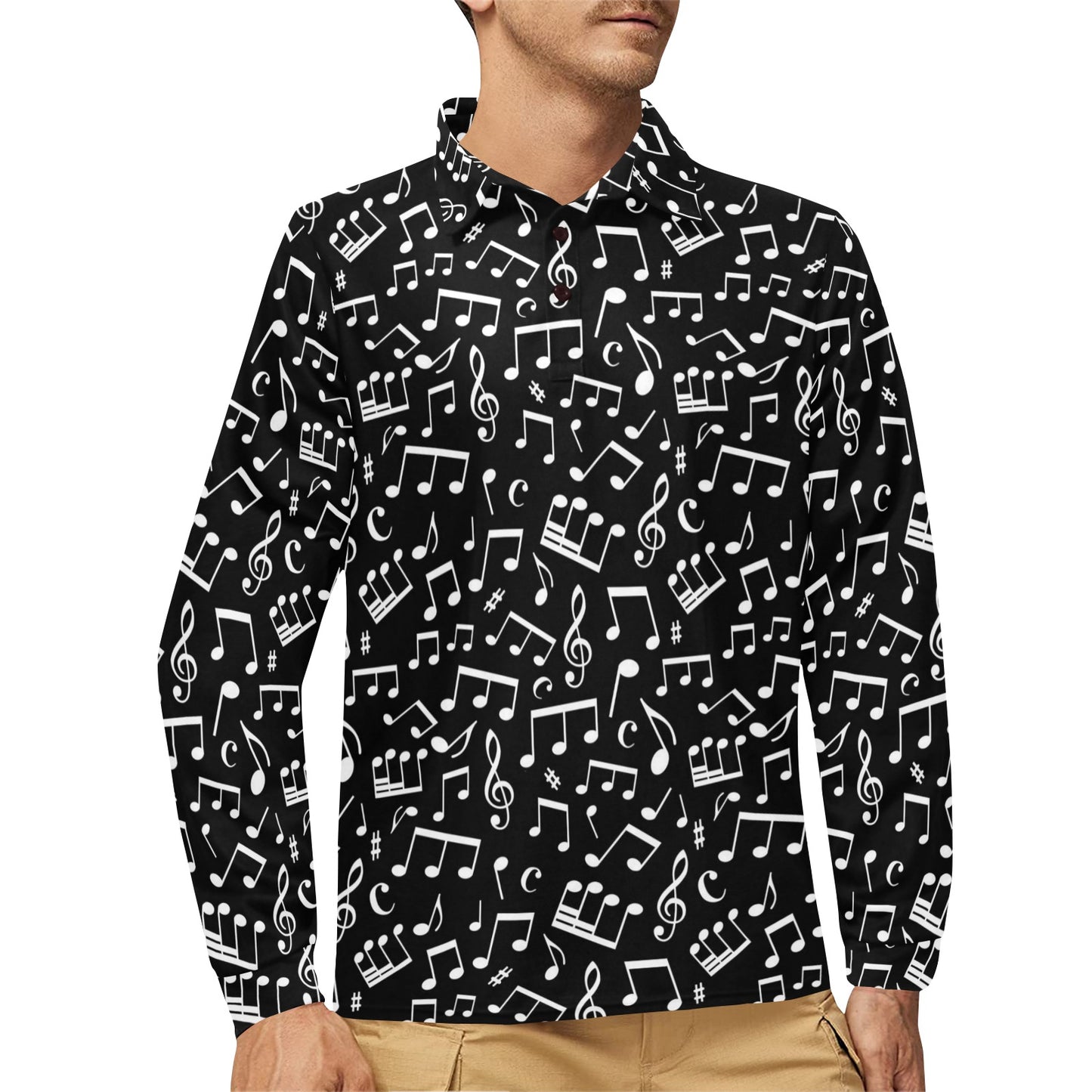 Music Note Black white Themed Print Long Sleeve Polo Shirt For Men's