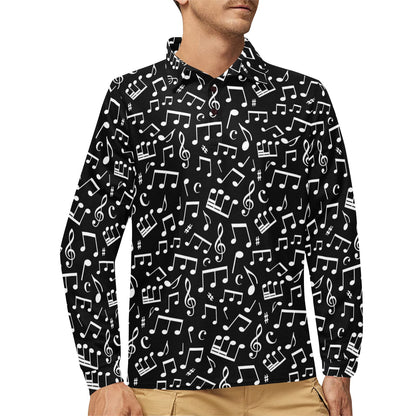 Music Note Black white Themed Print Long Sleeve Polo Shirt For Men's