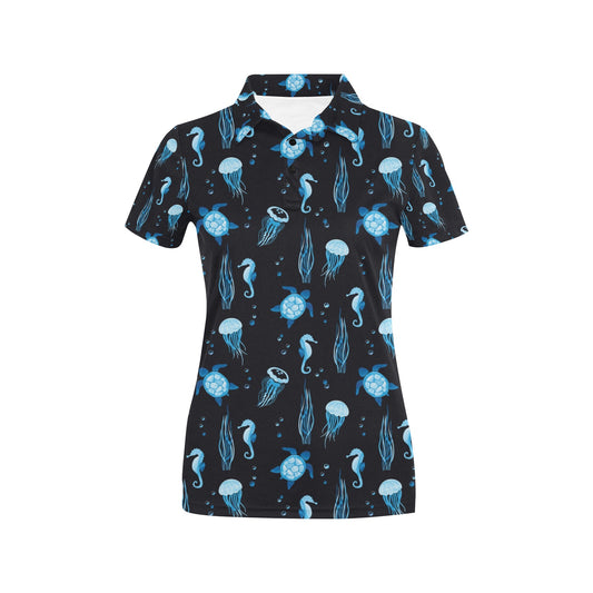 Sea Turtle Jelly Fish Sea Horse Print Design LKS3014 Women's Polo Shirt