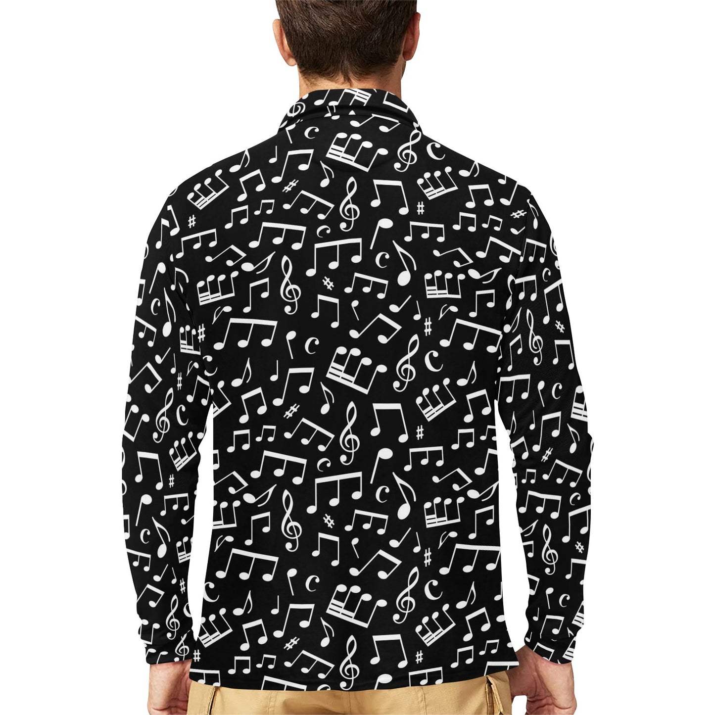 Music Note Black white Themed Print Long Sleeve Polo Shirt For Men's