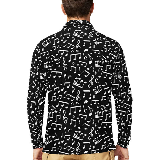 Music Note Black white Themed Print Long Sleeve Polo Shirt For Men's