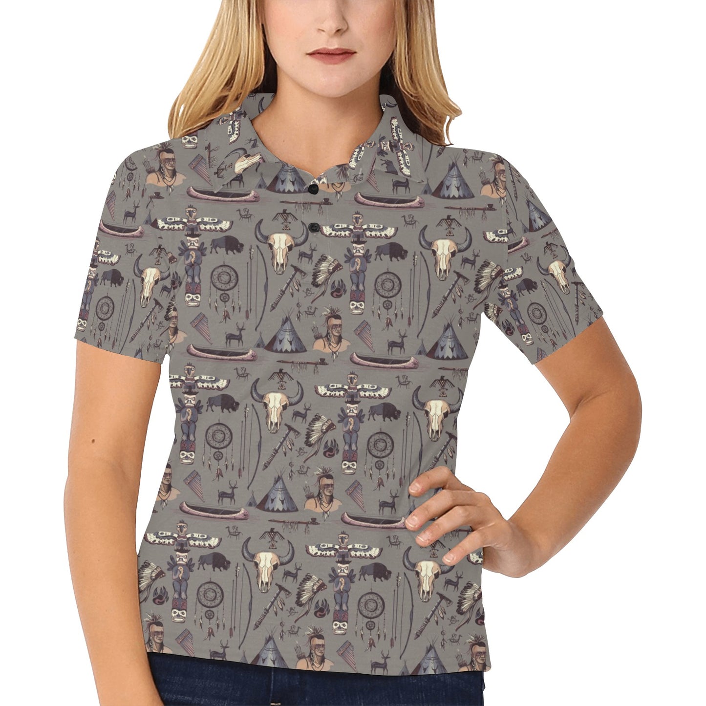 Native Indian life Design Print Women's Polo Shirt