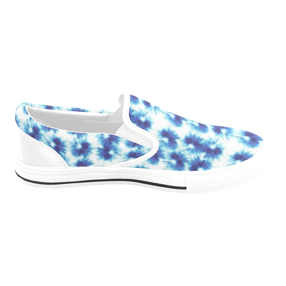Tie Dye Blue Print Design LKS305 White Slip Ons Canvas Women's Shoes