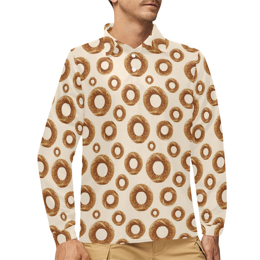 Bagel Pattern Print Design 01 Long Sleeve Polo Shirt For Men's