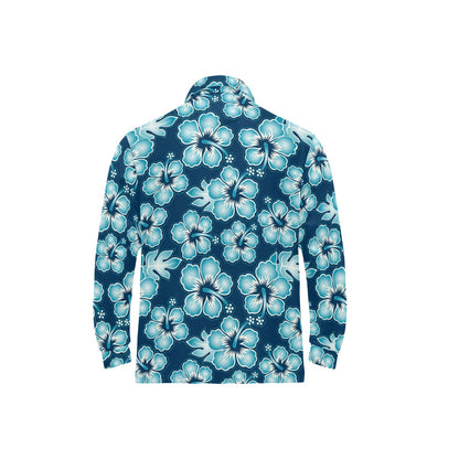 Blue Hibiscus Pattern Print Design HB011 Long Sleeve Polo Shirt For Men's