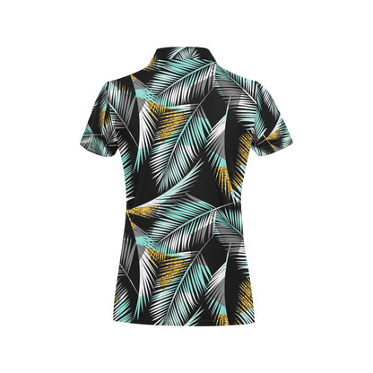 Gold Glitter Cyan Tropical Palm Leaves Women's Polo Shirt