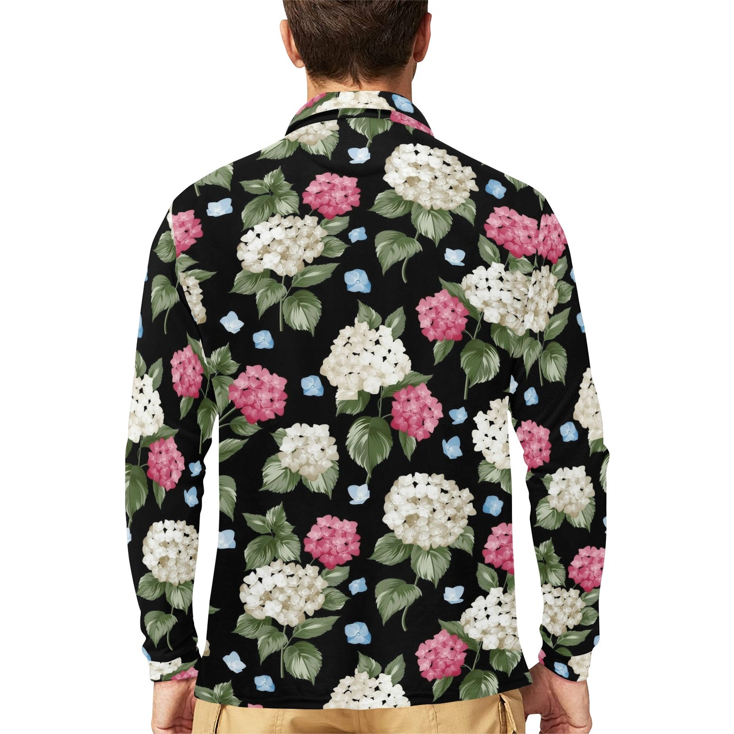 Hydrangea Pattern Print Design HD09 Long Sleeve Polo Shirt For Men's