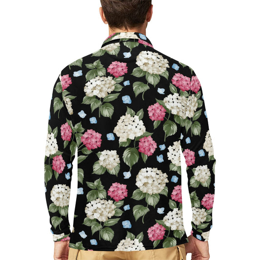 Hydrangea Pattern Print Design HD09 Long Sleeve Polo Shirt For Men's