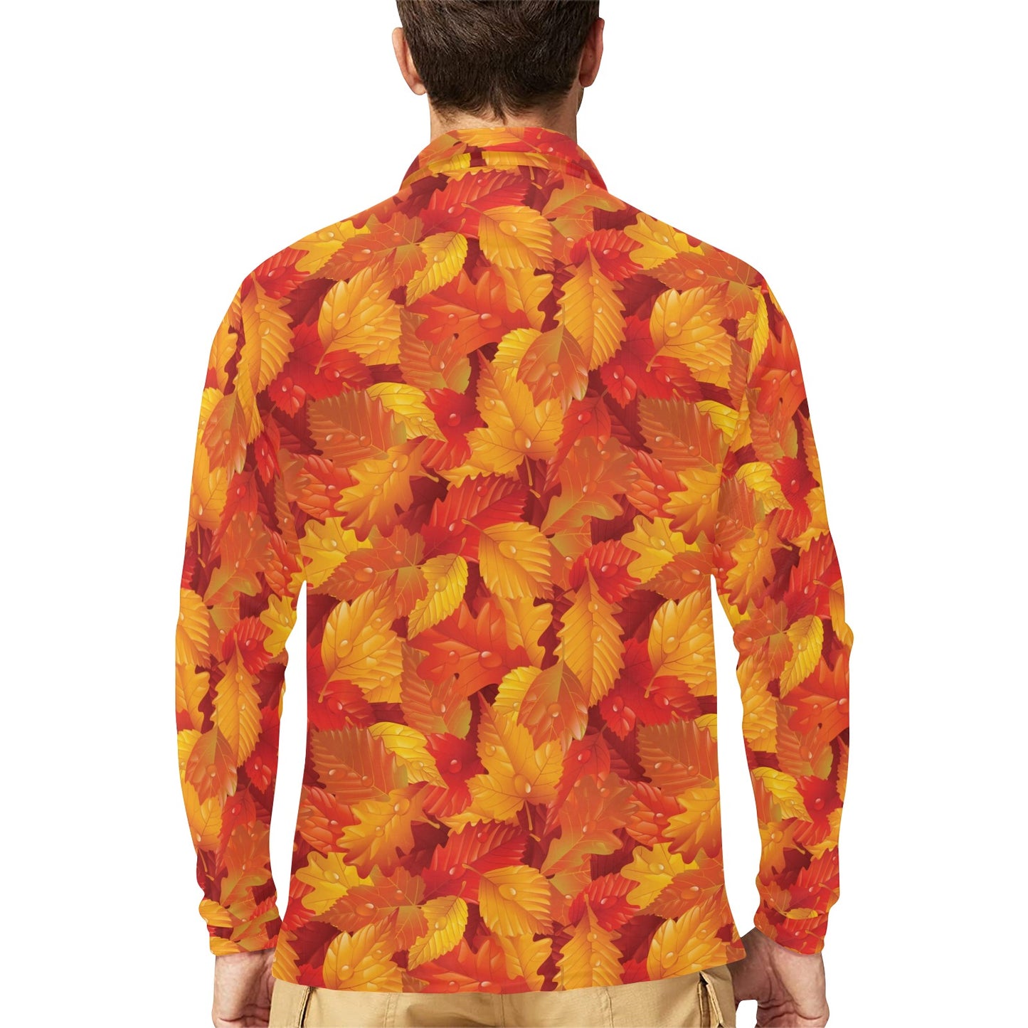 Elm Leave Autum Print Pattern Long Sleeve Polo Shirt For Men's