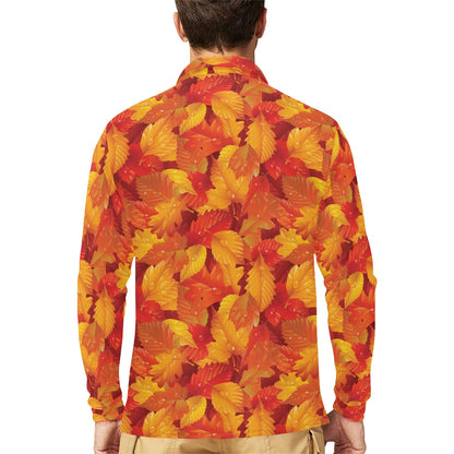 Elm Leave Autum Print Pattern Long Sleeve Polo Shirt For Men's