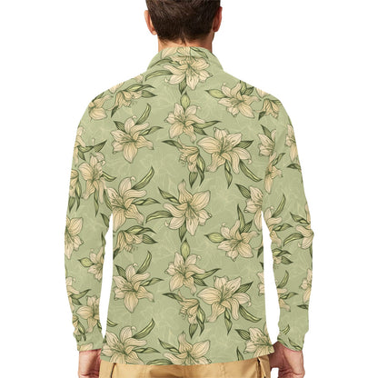 Lily Pattern Print Design LY06 Long Sleeve Polo Shirt For Men's