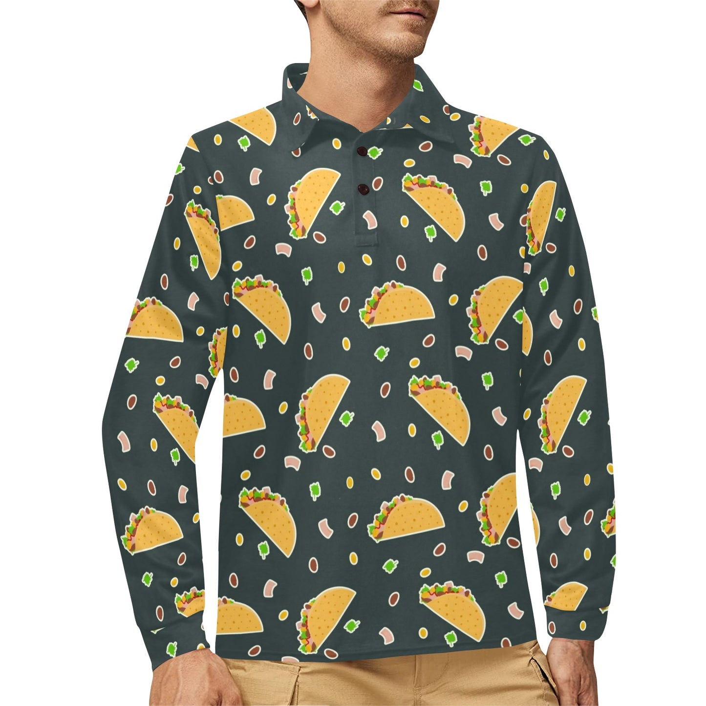 Taco Pattern Print Design TC02 Long Sleeve Polo Shirt For Men's