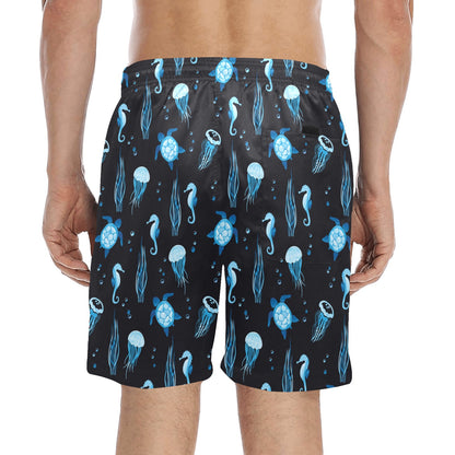 Sea Turtle Jelly Fish Sea Horse Print Design LKS3014 Men's Swim Trunks Beach Shorts