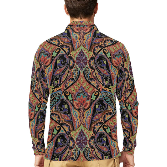 Bohemian Pattern Print Design 06 Long Sleeve Polo Shirt For Men's