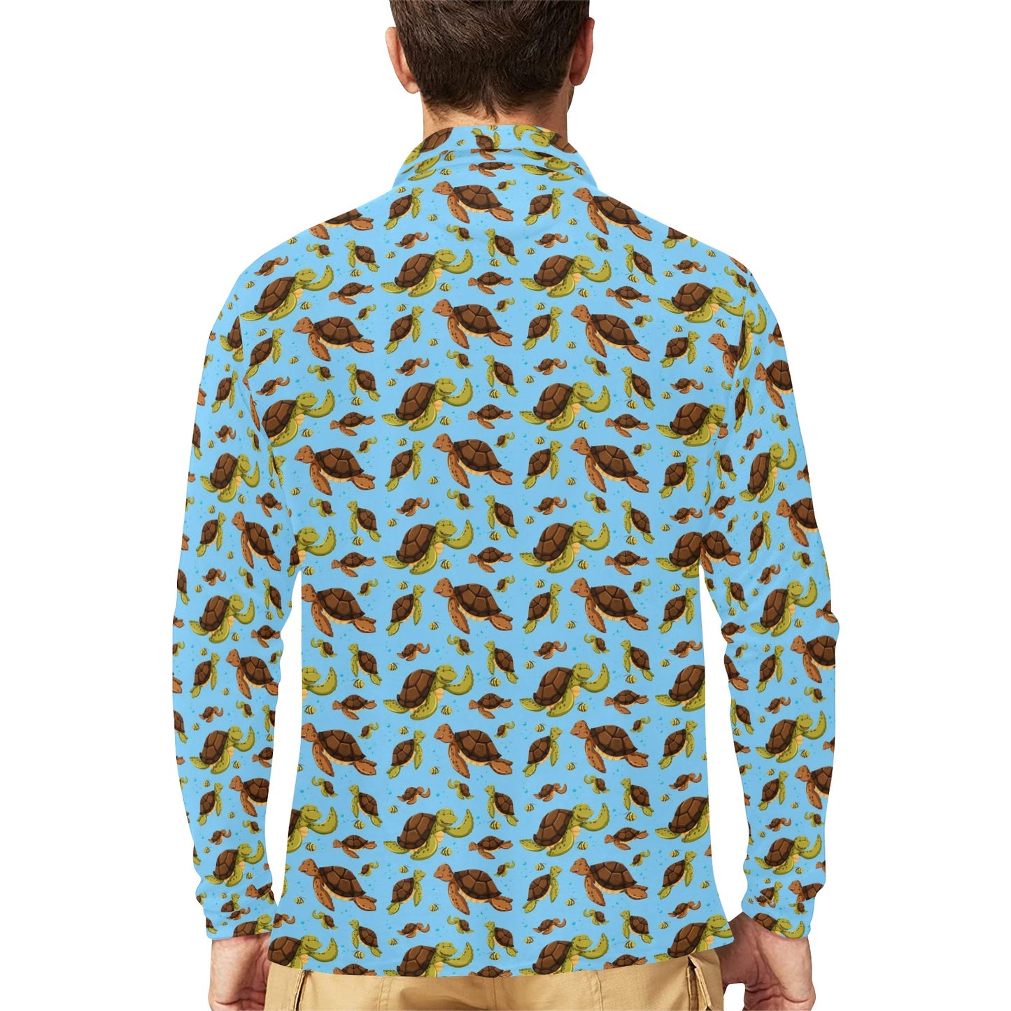 Hello Sea Turtle Print Pattern Long Sleeve Polo Shirt For Men's