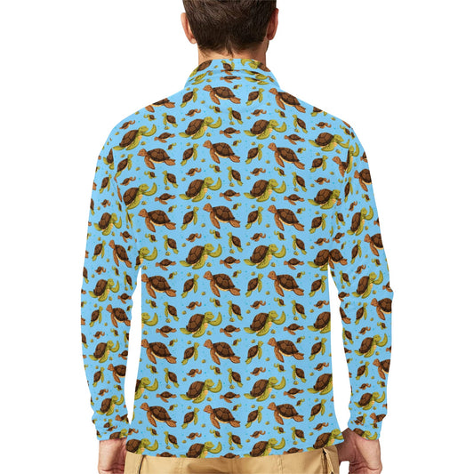 Hello Sea Turtle Print Pattern Long Sleeve Polo Shirt For Men's