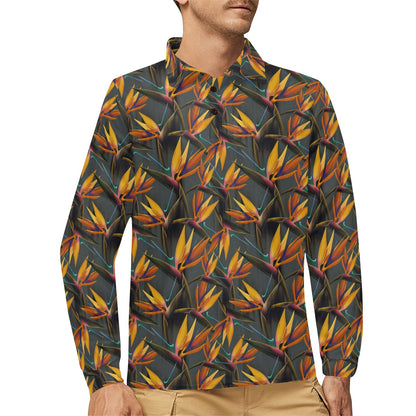 Bird Of Paradise Pattern Print Design 01 Long Sleeve Polo Shirt For Men's