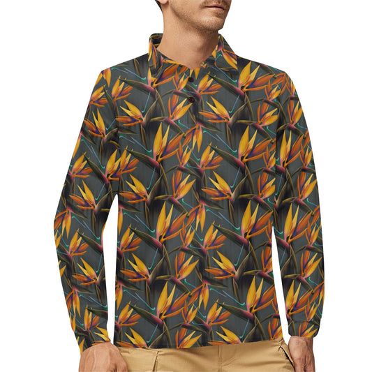 Bird Of Paradise Pattern Print Design 01 Long Sleeve Polo Shirt For Men's