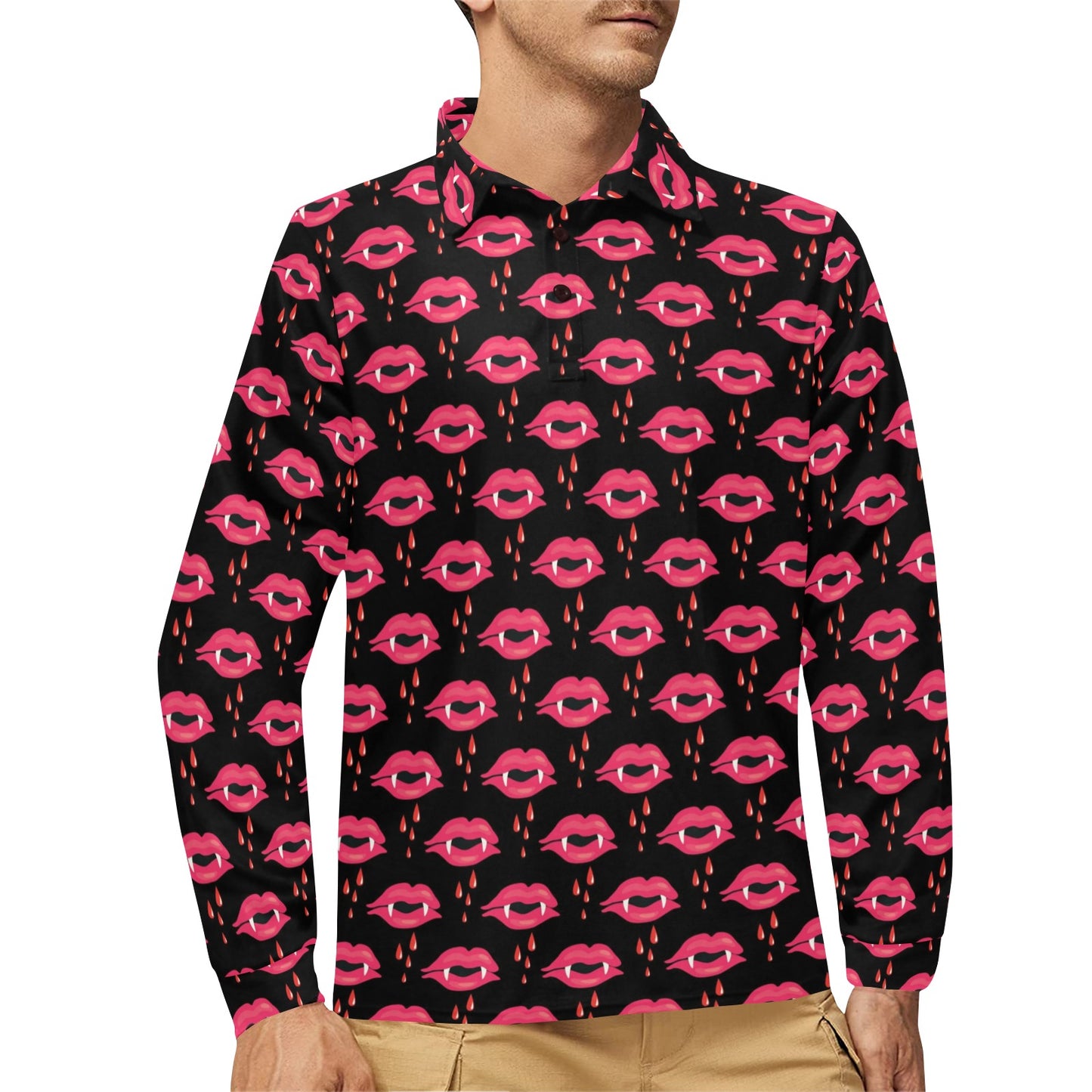 Vampire Lips Print Design LKS303 Long Sleeve Polo Shirt For Men's