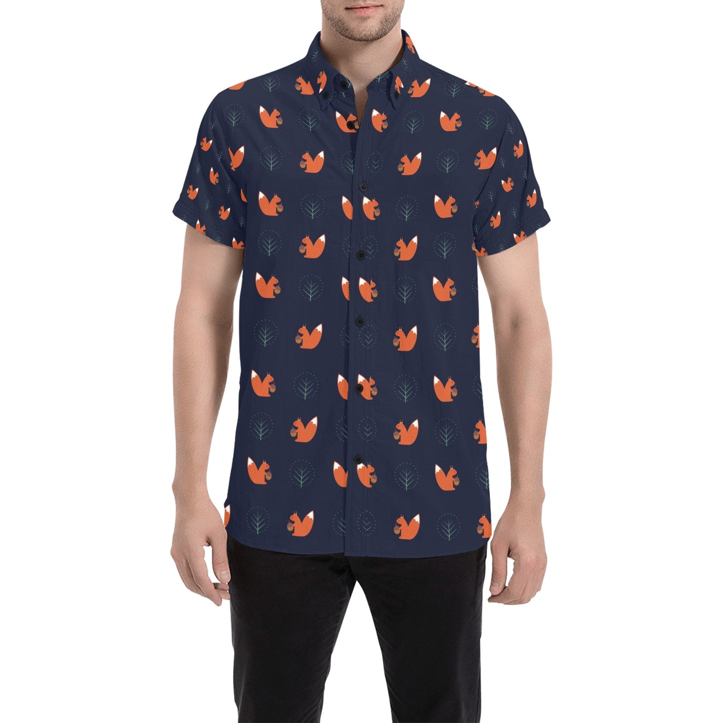Squirrel Print Design LKS303 Men Short Sleeve Button Up Shirt