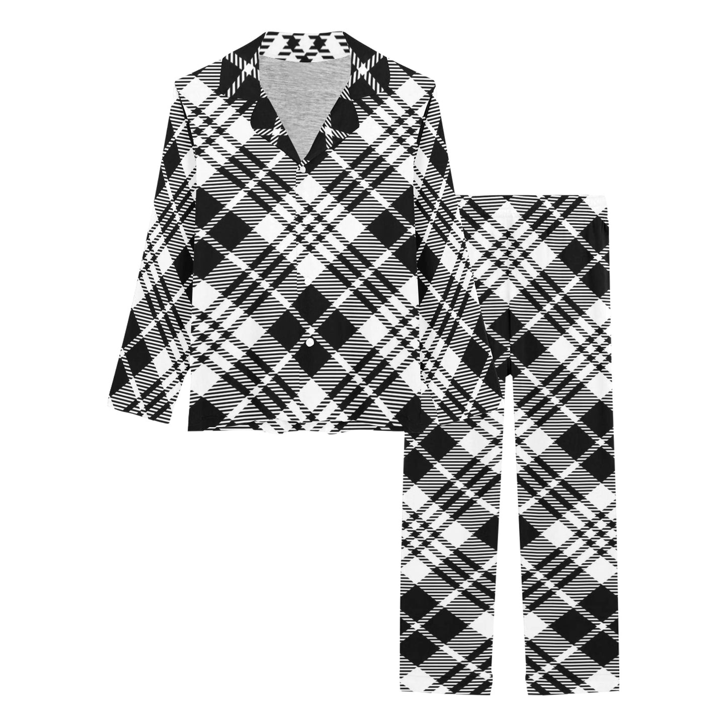 Plaid Black White Pattern Print Design A02 Women's Long Pajama Set