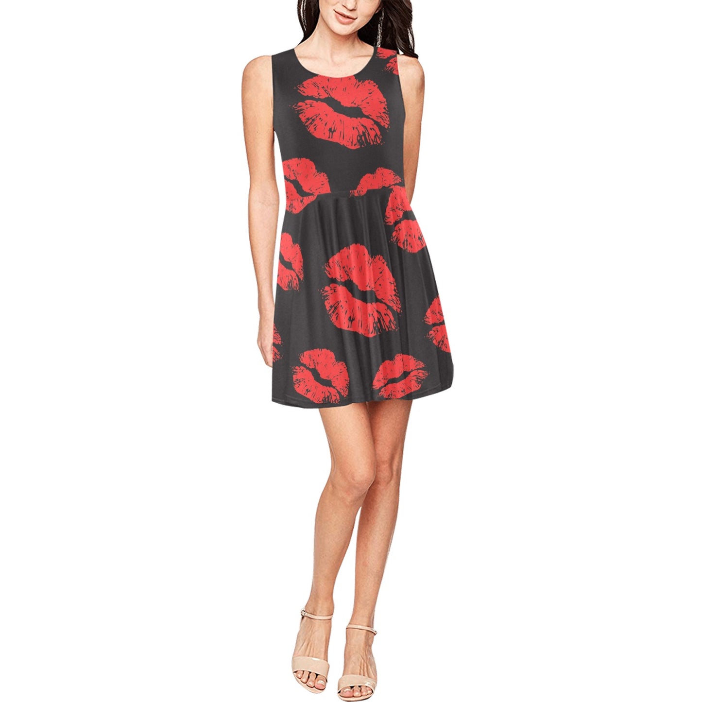 Lip Red Pattern Print Design 02 Sleeveless Dress