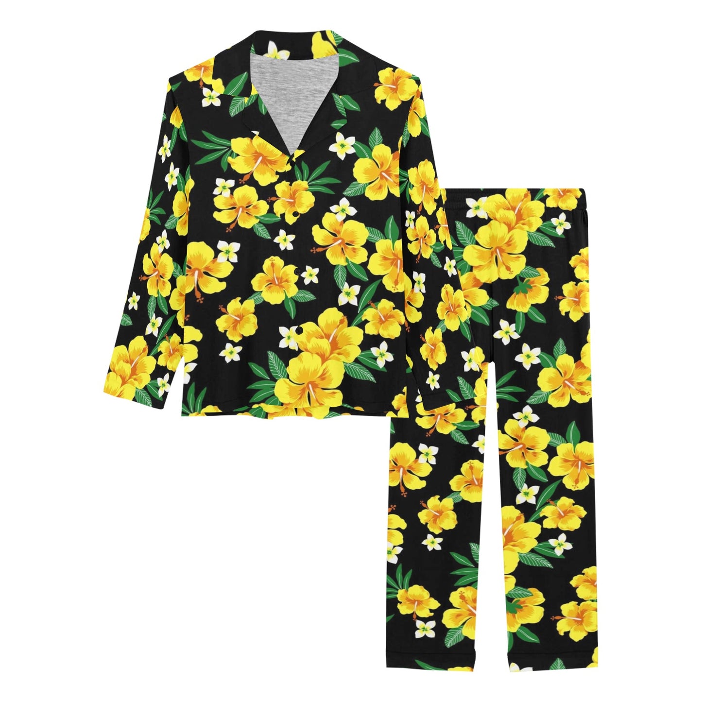 Yellow Hibiscus Pattern Print Design HB08 Women's Long Pajama Set