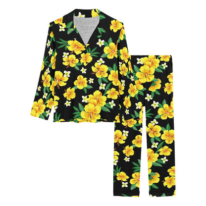 Yellow Hibiscus Pattern Print Design HB08 Women's Long Pajama Set