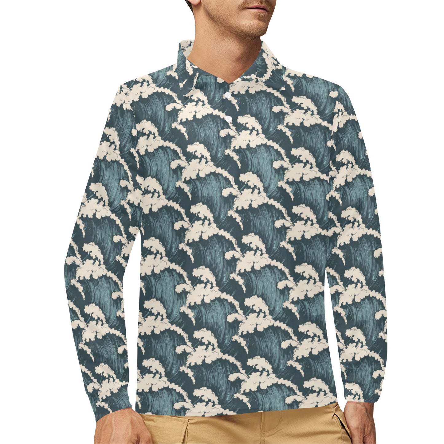 Wave Art Print Long Sleeve Polo Shirt For Men's