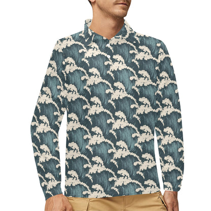 Wave Art Print Long Sleeve Polo Shirt For Men's