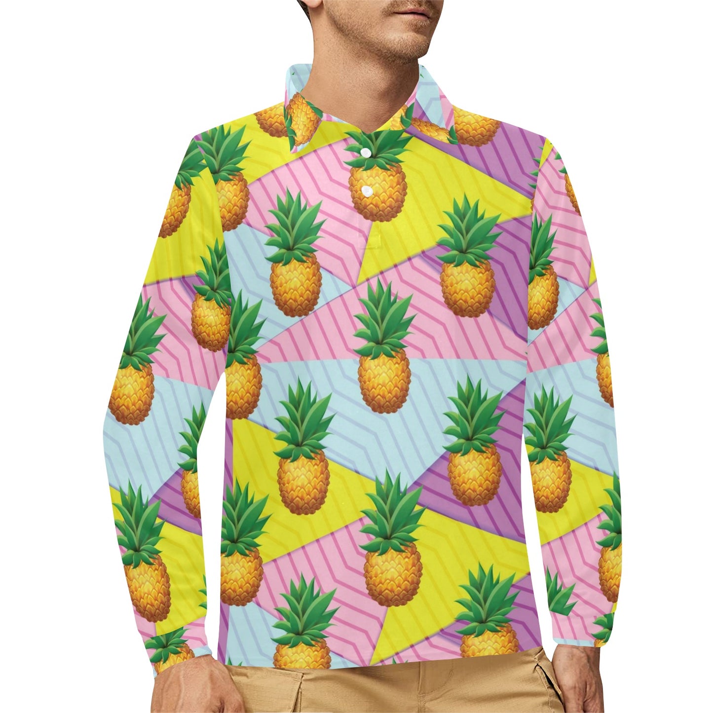 Pineapple Pattern Print Design PP05 Long Sleeve Polo Shirt For Men's