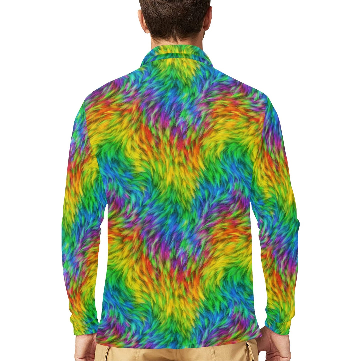 Rainbow Fur Design Print Long Sleeve Polo Shirt For Men's